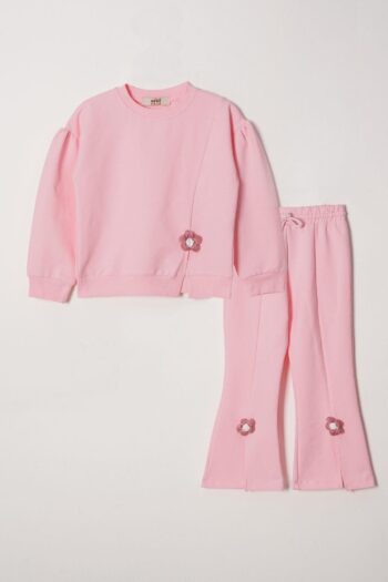Zepkids Long Sleeve Ripped Daisy Detail Crew Neck Light Pink Tracksuit for Girls