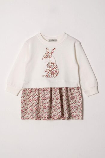 Zepkids Bicycle Collar Long Sleeve Rabbit Print Skirted Sweater Set for Girls in Ivory-Brown Color