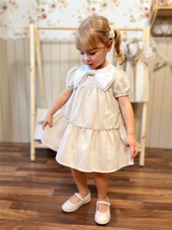 Bow Front Watermelon Sleeve Baby Dress Premium Collection 100% Linen Beige