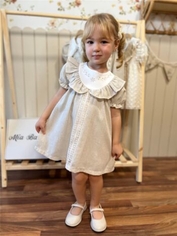 Ruffled Collar Watermelon Sleeve Baby Girl Dress Premium Series 100% Linen Beige