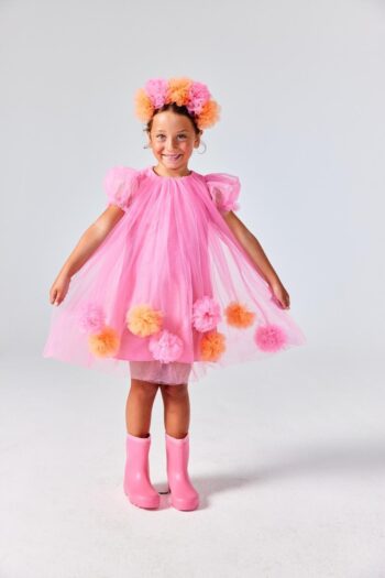 Fuchsia Short-Sleeved Dress with Pom-Poms for Girls - Lavonne
