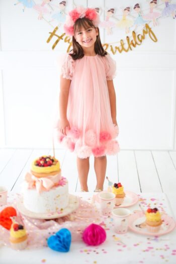 Lavonne Short Sleeve Dress with Pom-Poms for Girls