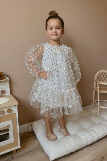 Ecru Balloon Sleeve Star Printed Girl's Dress - Daria