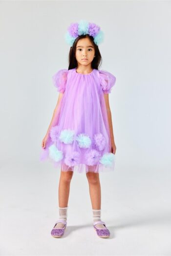 Lavonne Lilac Short-Sleeve Dress with Pom Poms for Girls