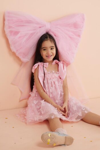 Pink Dress for Girls with Shoulder Ties and Butterfly Applique - Nikki