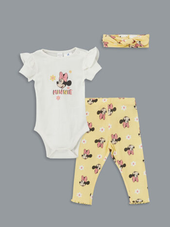 LCW Baby Ekru Minnie Mouse Printed Baby Girl Bodysuit, Leggings, and Headband 3-Piece Set