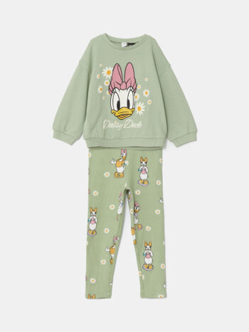 LCW Kids Green Daisy Duck Printed Girls' Sweatshirt and Leggings Set 2-Piece