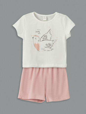 LCW ECO Pink Bicycle Neck Printed Girls' T-Shirt and Shorts Set (2 Pieces)