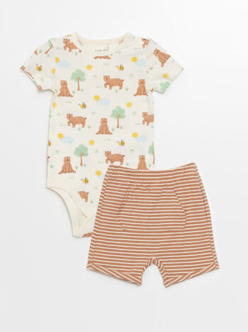 LCW Baby                                                                                          Ecru Crew Neck Short Sleeve Printed Snaps Bodysuit and Shorts 2-Piece Set
