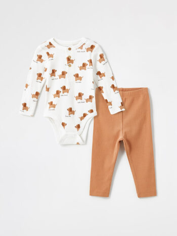 LCW Baby  Off-White Printed Bicycle Neck Bodysuit and Leggings Set for Girls - 2 Pieces
