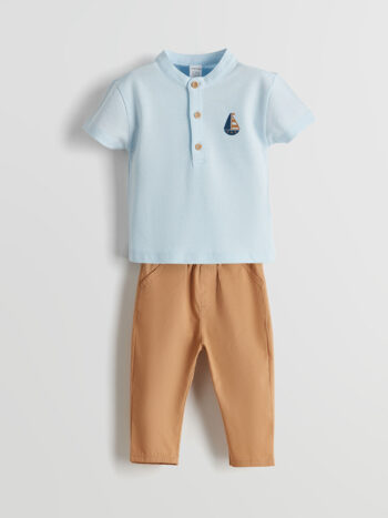 LCW Baby Blue Printed Kimono Collar Baby Boy T-Shirt and Pants Set - 2 Pieces