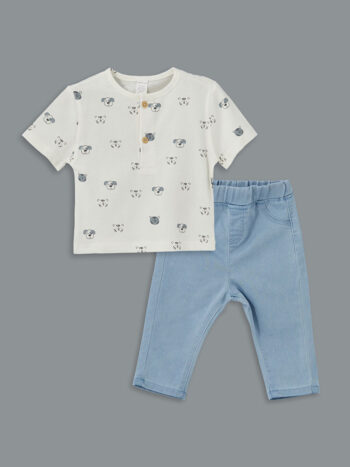 LCW Kids                                                                                        Cream Bicycle Neck Printed Boys' Baby T-Shirt and Pants Set