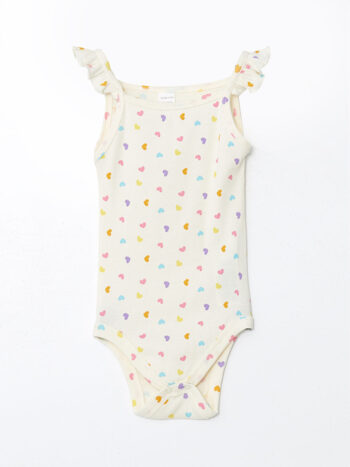 LCW Baby Beige Piped Collar Printed Baby Girl Snap Bodysuit