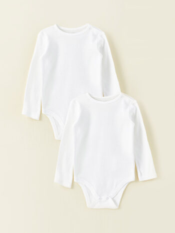 LCW Baby White Crew Neck Basic Baby Girl Snap Bodysuit Set of 2