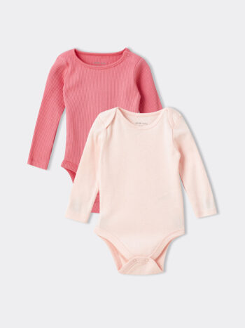 LCW Baby Pink Bicycle Neck Long Sleeve Girl's Baby Snap Bodysuit Set of 2