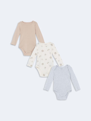LCW Baby Cream Bicycle Neck Long Sleeve Printed Baby Boy Snaps Bodysuit Set of 3