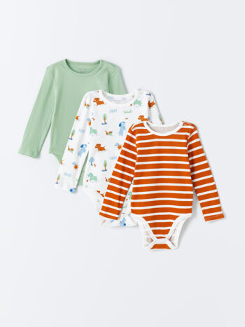 LCW Baby                                                                                                    Ecru Crew Neck Long Sleeve Printed Baby Boy Bodysuit - Set of 3