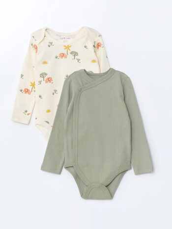 LCW Baby Beje Flowered Crew Neck Snap Button Bodysuit Set for Boys (2 Pieces)