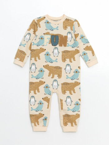 LCW Baby Blue Printed Crew Neck Romper for Boys