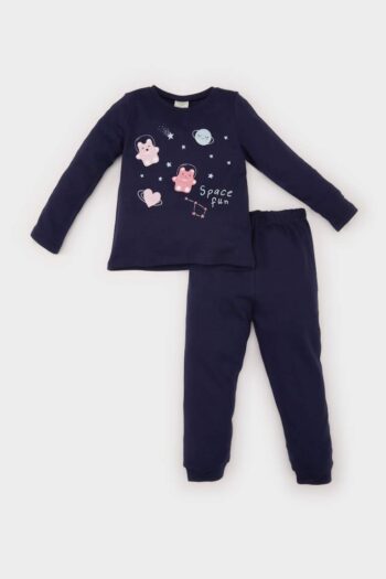 Girls' Pajama Set with Space Print, Long Sleeve Top, Elastic Waist Long Bottom
