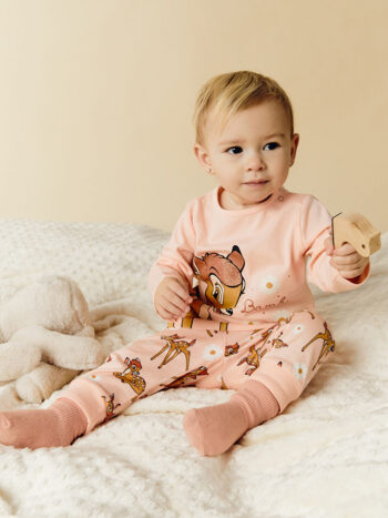 LCW Baby Pink Bambi Print Girl's Pajama Set with Round Neck