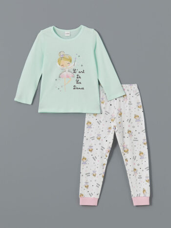 LCW Kids Turquoise Printed Round Neck Pajama Set for Girls