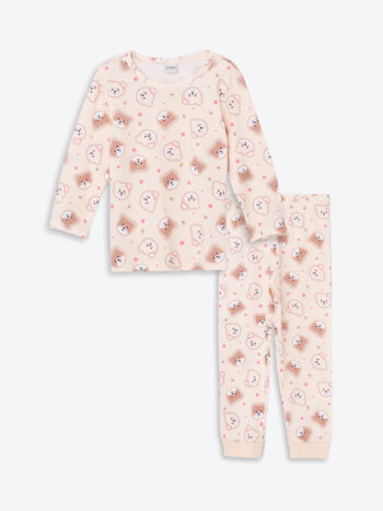 LCW Kids   Ecru Printed Round Neck Pajama Set for Girls