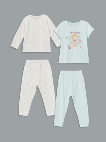 LCW Baby Green Printed Girls' Pajama Set 2-Piece