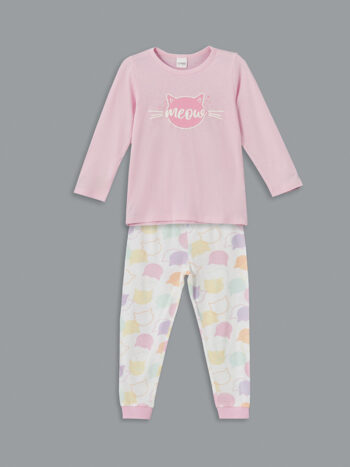 LCW Kids Pink Printed Crew Neck Girls' Pajama Set