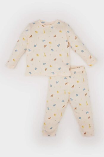 Boys' Baby Pajama Set with Safari Print, Ribbed Long Sleeve Top, and Elastic Waist Long Bottoms