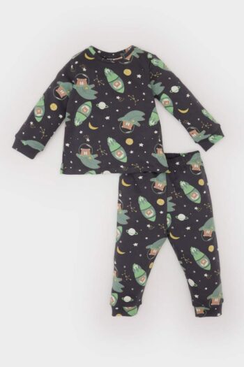 Baby Boys' Pajama Set with Space Print, Long Sleeve Top, Elastic Waist Long Pants