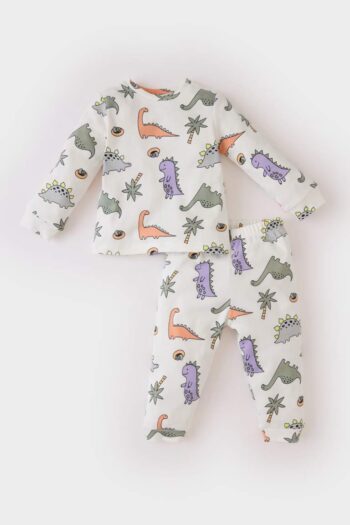 Boys' Dinosaur Print Pajama Set Long Sleeve Top with Elastic Waist Long Bottom