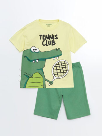 LCW Kids Yellow Dinosaur Printed Boy's Short Pajama Set