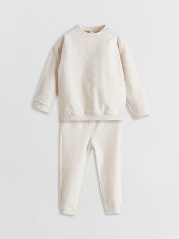 LCW Baby Bej Crew Neck Basic Boy's Baby Pajama Set