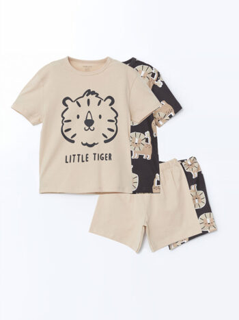 LCW Baby Beige Printed Short Sleeve Pajama Set for Boys - 2 Pieces