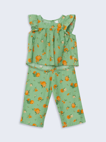 LCW Kids Green Orange Printed Girl's Blouse and Pants Set of 2