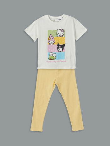 LCW Kids Ekru Hello Kitty Printed Girls' Blouse and Leggings Set