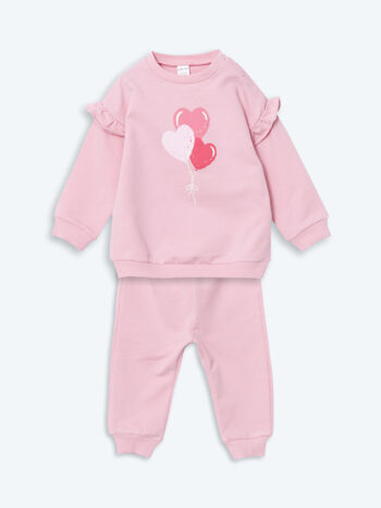 LCW Baby Pink Printed Girl's Baby Sweatshirt and Pants Set 2 Pieces