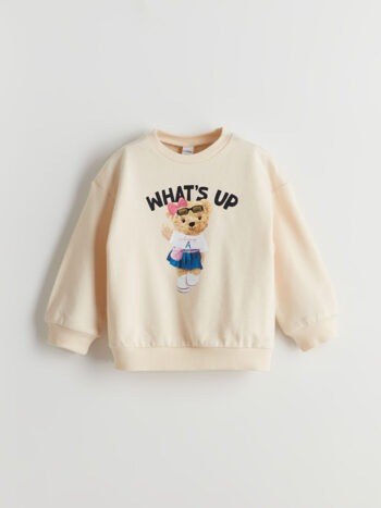 LCW Kids Beje Crew Neck Teddy Bear Printed Girls' Sweatshirt