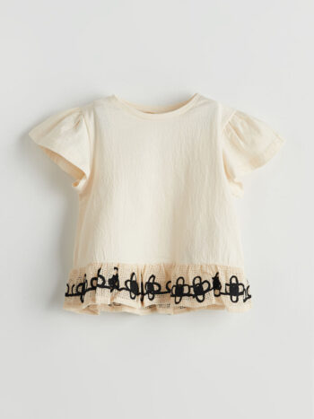 LCW Baby                                            Cream Embroidered Crew Neck T-Shirt for Girls