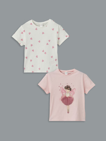 LCW Kids Pink Crew Neck Printed Girl's T-Shirt 2-Pack