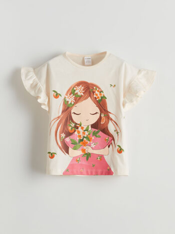 LCW Kids  Off-White Printed Crew Neck T-Shirt for Girls