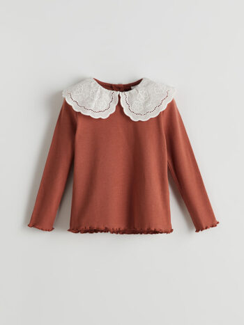 LCW Kids Brown Peter Pan Collar Embroidered Girls' T-Shirt