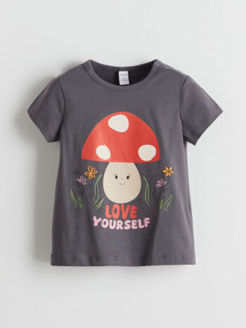 LCW ECO Printed T-Shirt for Girls with Grey Crew Neck