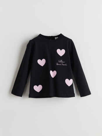 LCW ECO Black Printed Round Neck Girl's T-Shirt
