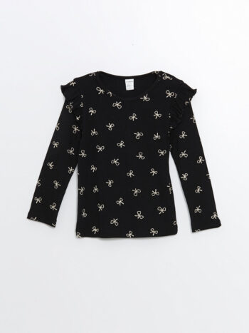 LCW Baby Black Printed T-Shirt with Round Neck for Girls