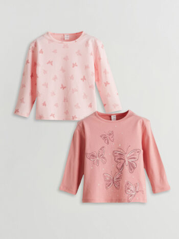 LCW Kids Pink Crew Neck Printed Girl's T-Shirt Set of 2
