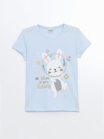 LCW Kids Blue Printed Round Neck T-Shirt for Girls