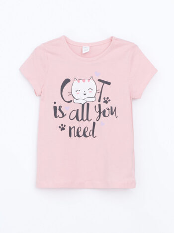 LCW ECO Pink Crew Neck Short Sleeve T-Shirt for Girls
