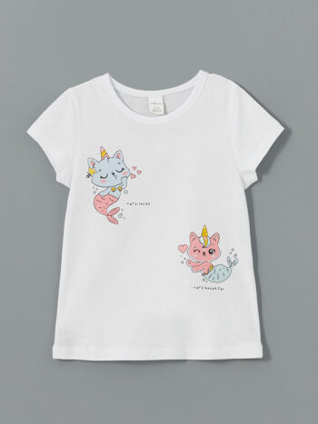 LCW ECO White Bicycle Neck Printed Girls' T-shirt